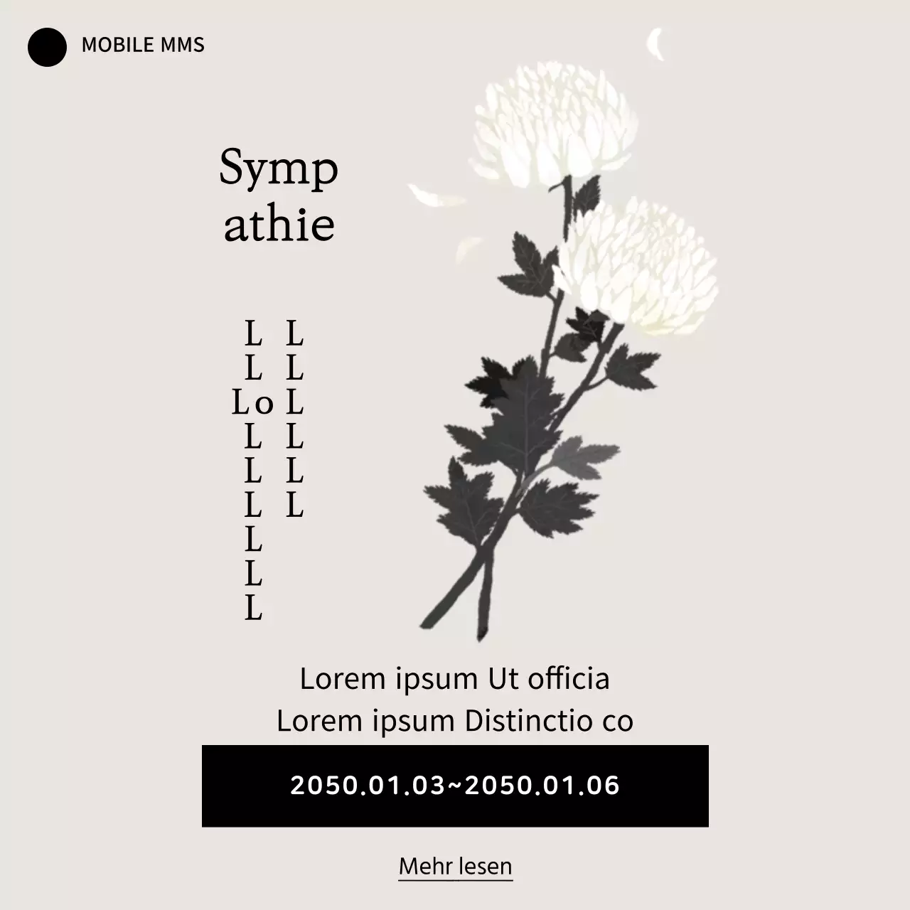 Schwarz-weißes Kondolenzbanner mobile Vorlage mit Chrysanthemenblüten