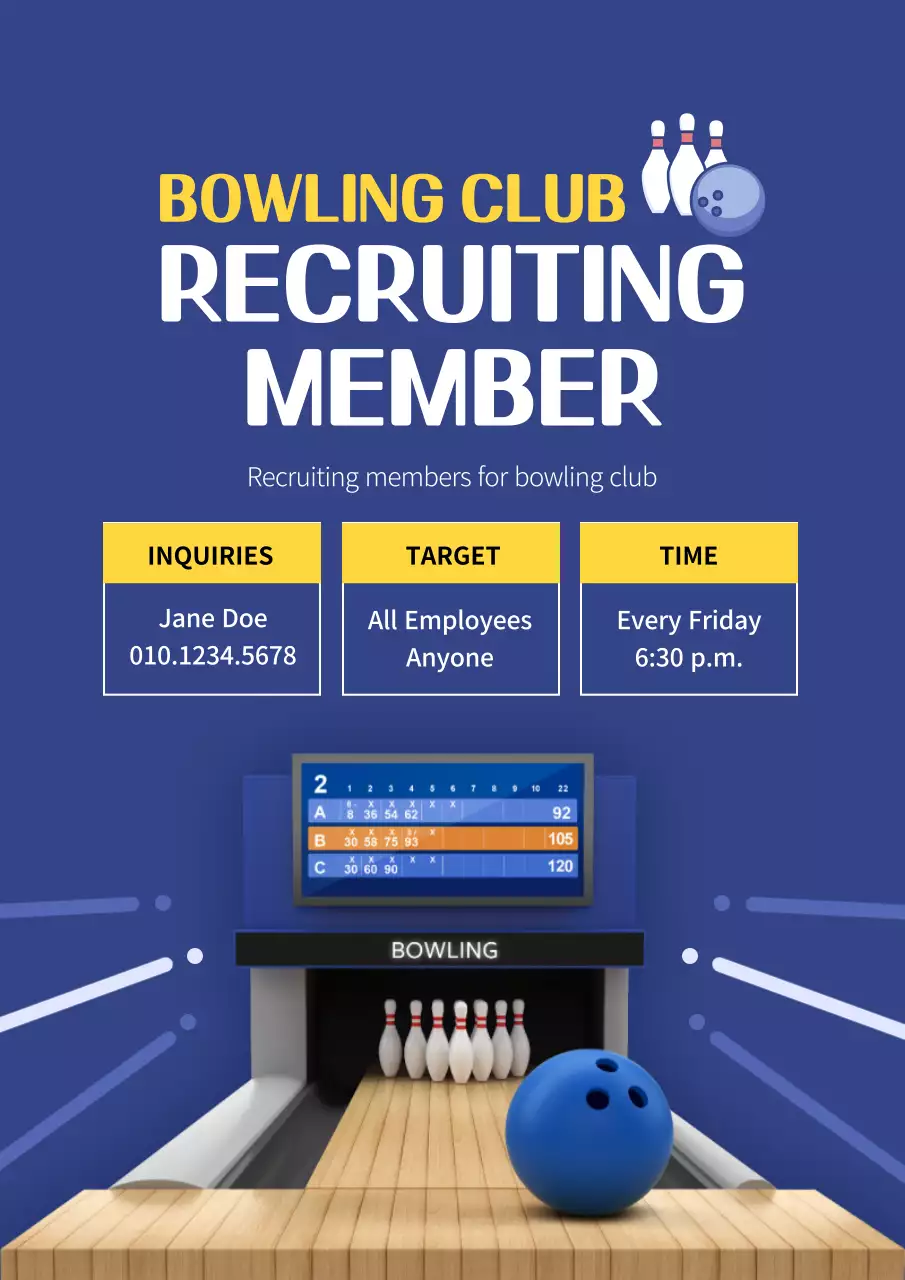 Blue Modern Bowling Recruitment Poster