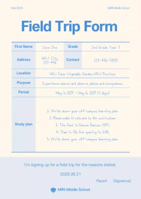 Blue Simple Field Trip Form Poster