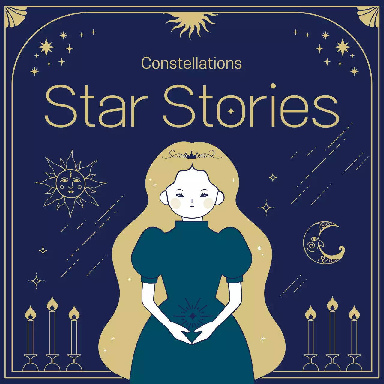 The origins and horoscopes of the stars in this mystical tarot card illustration in navy blue and gold.