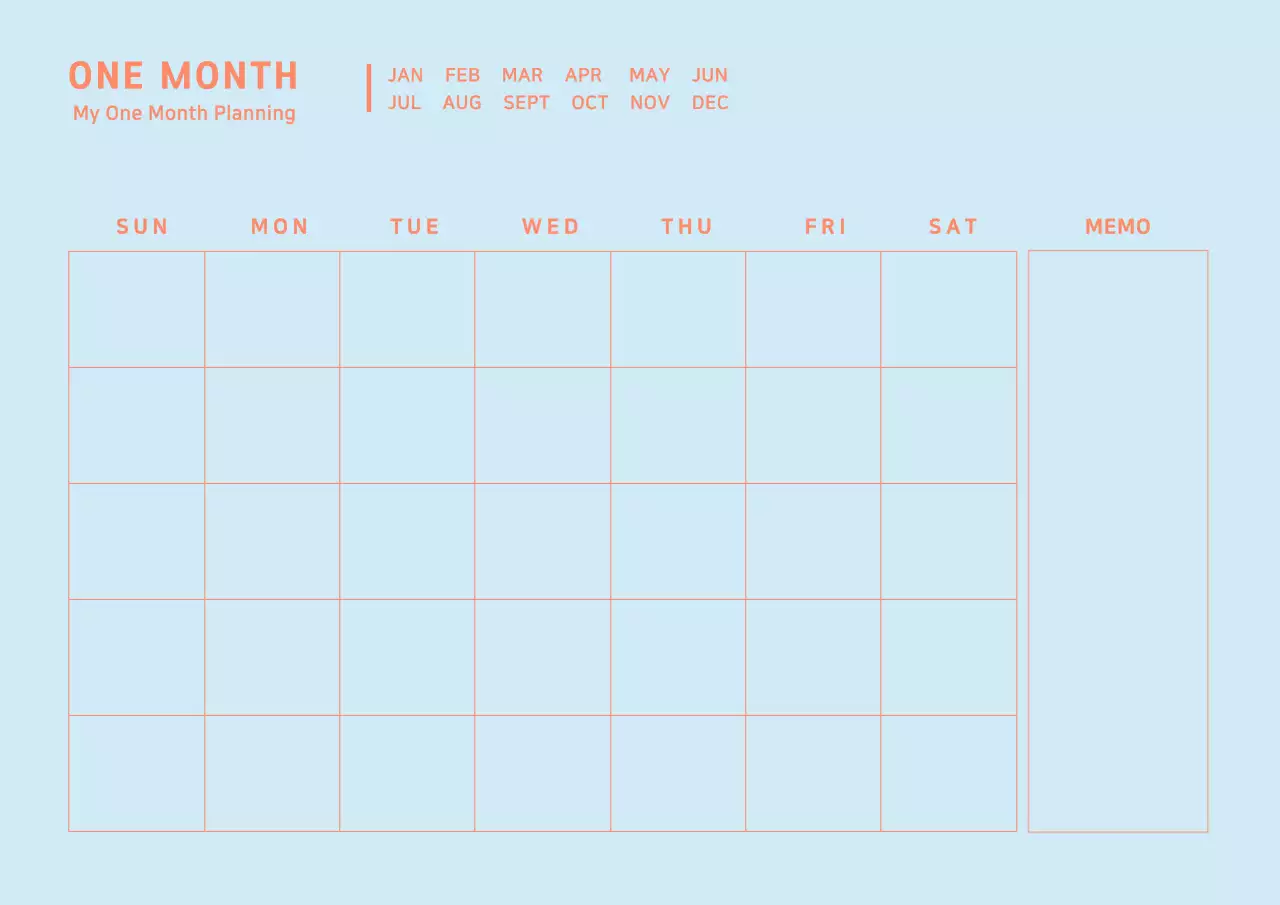 Perencana bulanan konseptual sederhana dengan warna biru muda dan oranye