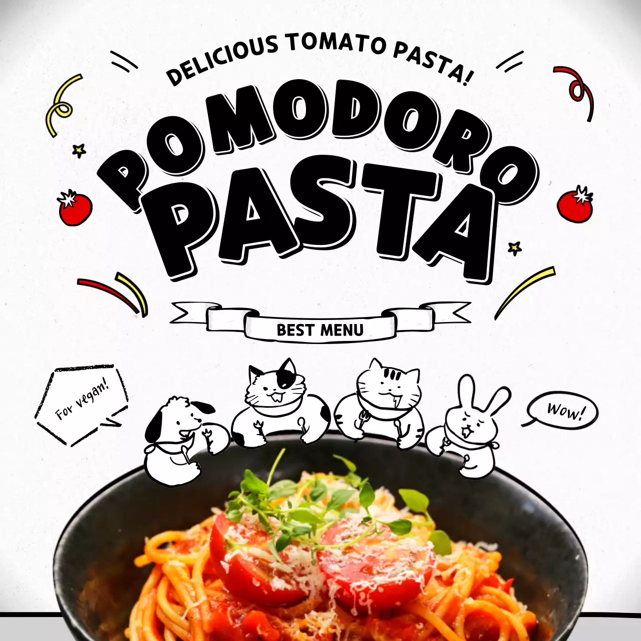 Pasta restaurant with black and white cute illustrations