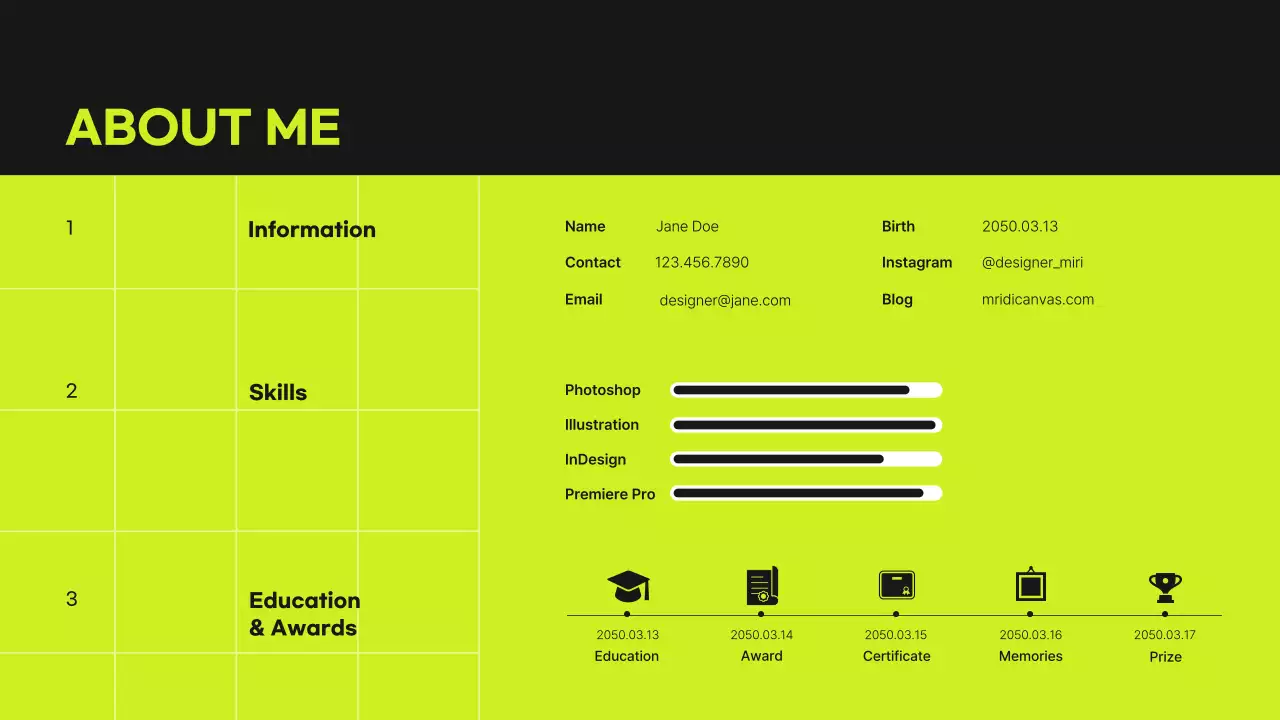 Portofolio desainer konsep grid dalam warna hijau limau dan hitam