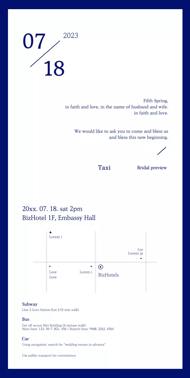 A clean wedding invitation with a blue background