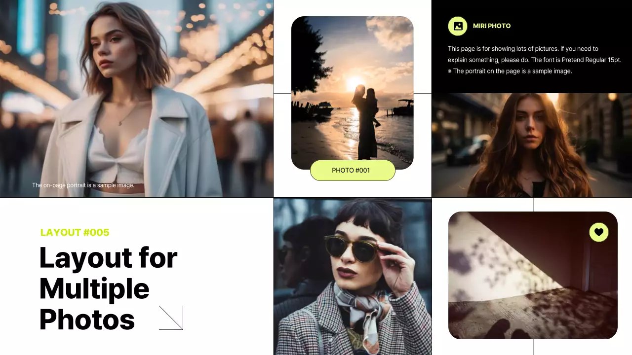 블랙과 화이트에 옐로우그린으로 포인트를 준 사진프레임을 위한 레이아웃