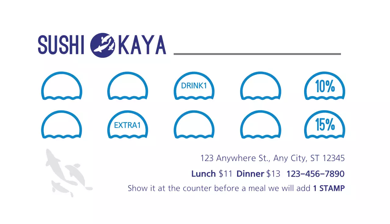 Sushi restaurant stamp card with blue ocean and fish illustration