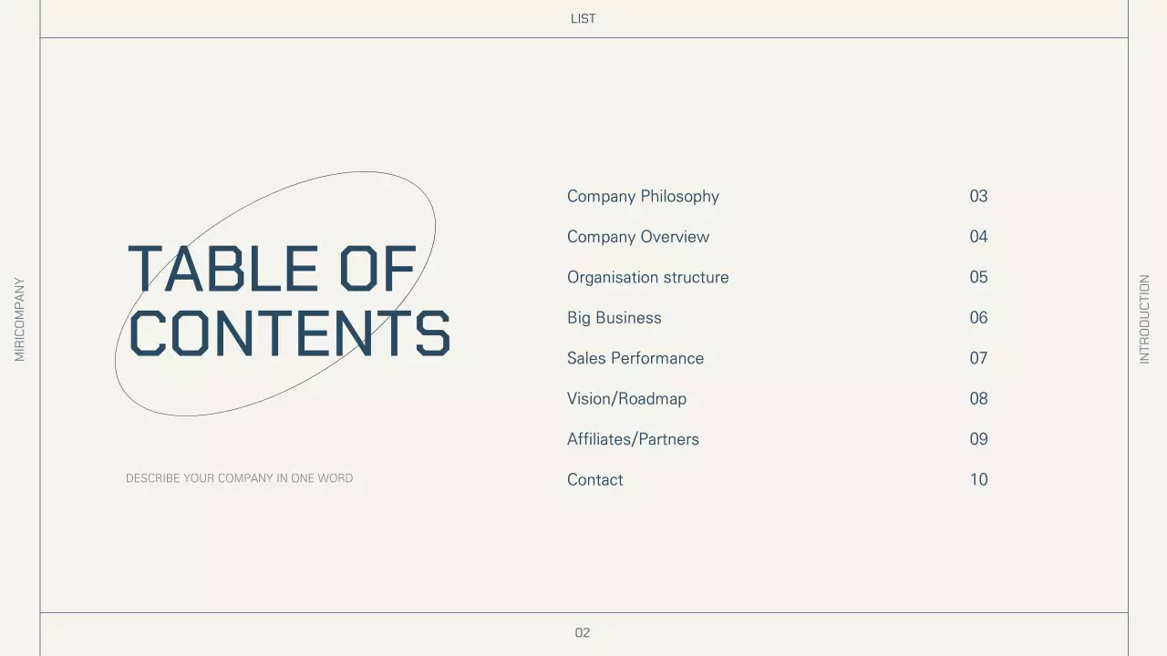 A company profile with a simple layout in beige and navy