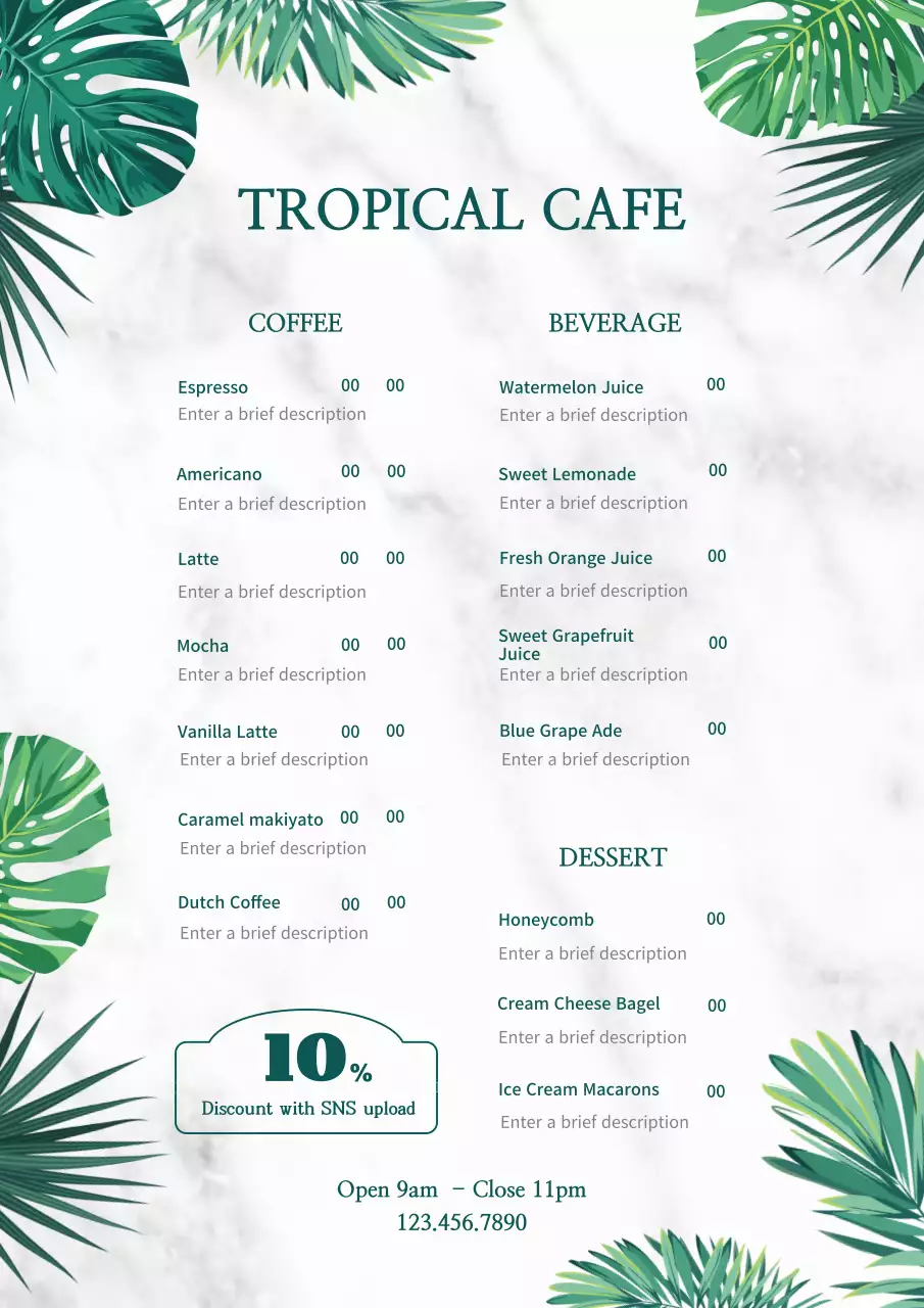 Green Tropical Cafe Menu Poster