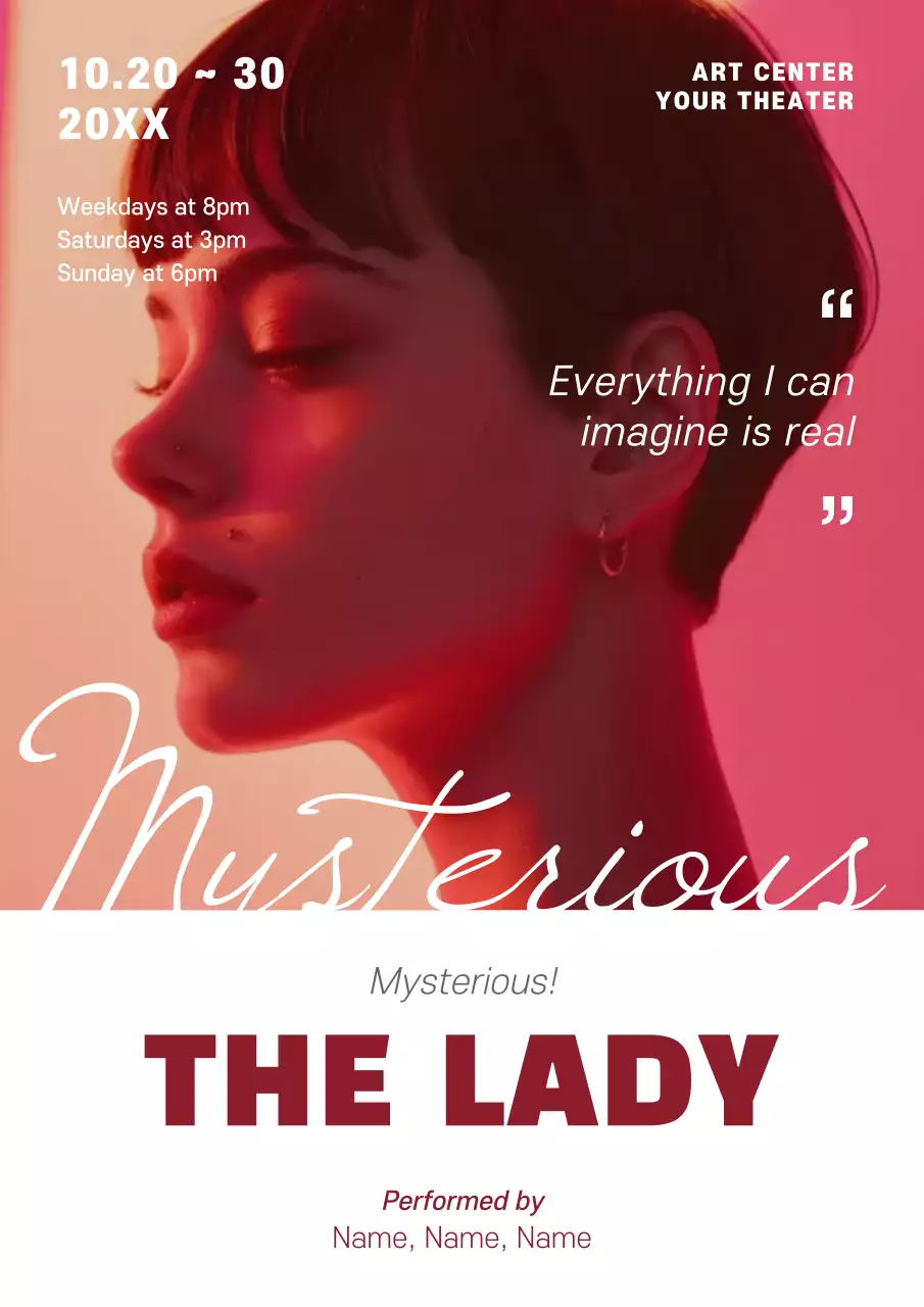 Promote a classy gig with a red and white photo of a female actress