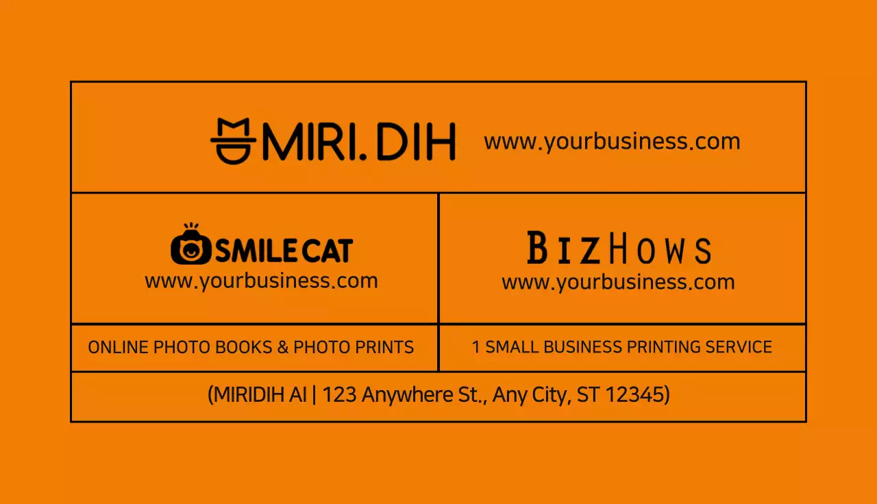 A simple designer business card with orange and black text and lines.