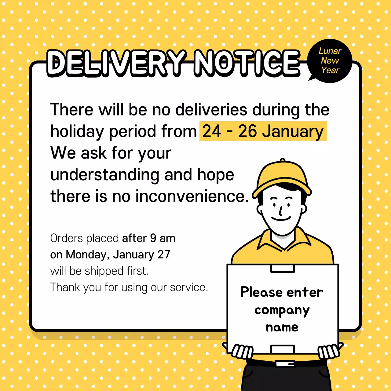 Yellow Simple Delivery Notice Announcement Instagram Post