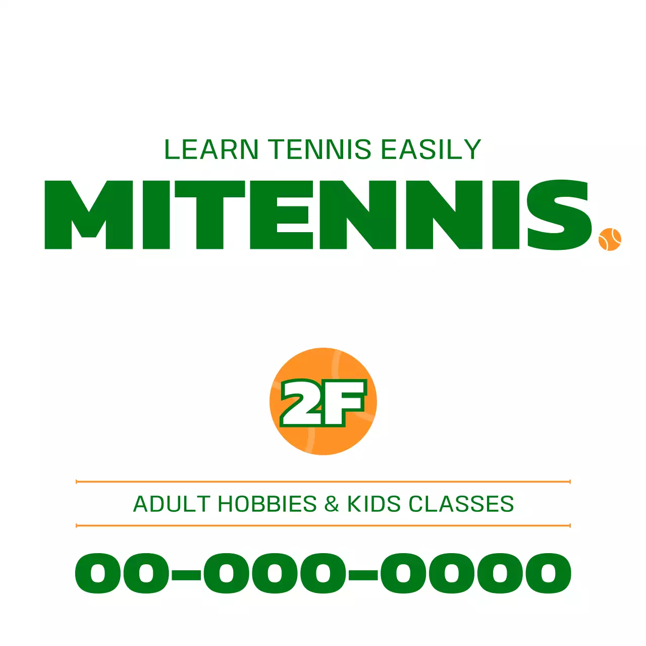 Promote a tennis school with an illustration of tennis-related items in green and orange.