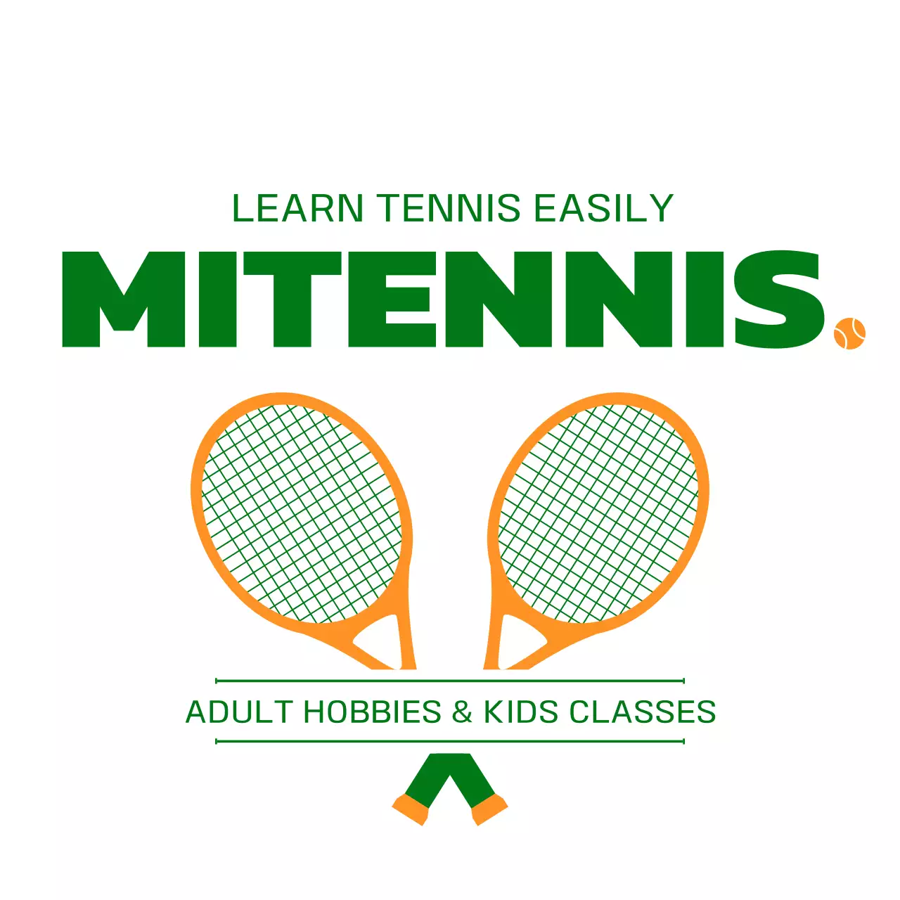 Promote a tennis school with an illustration of tennis-related items in green and orange.
