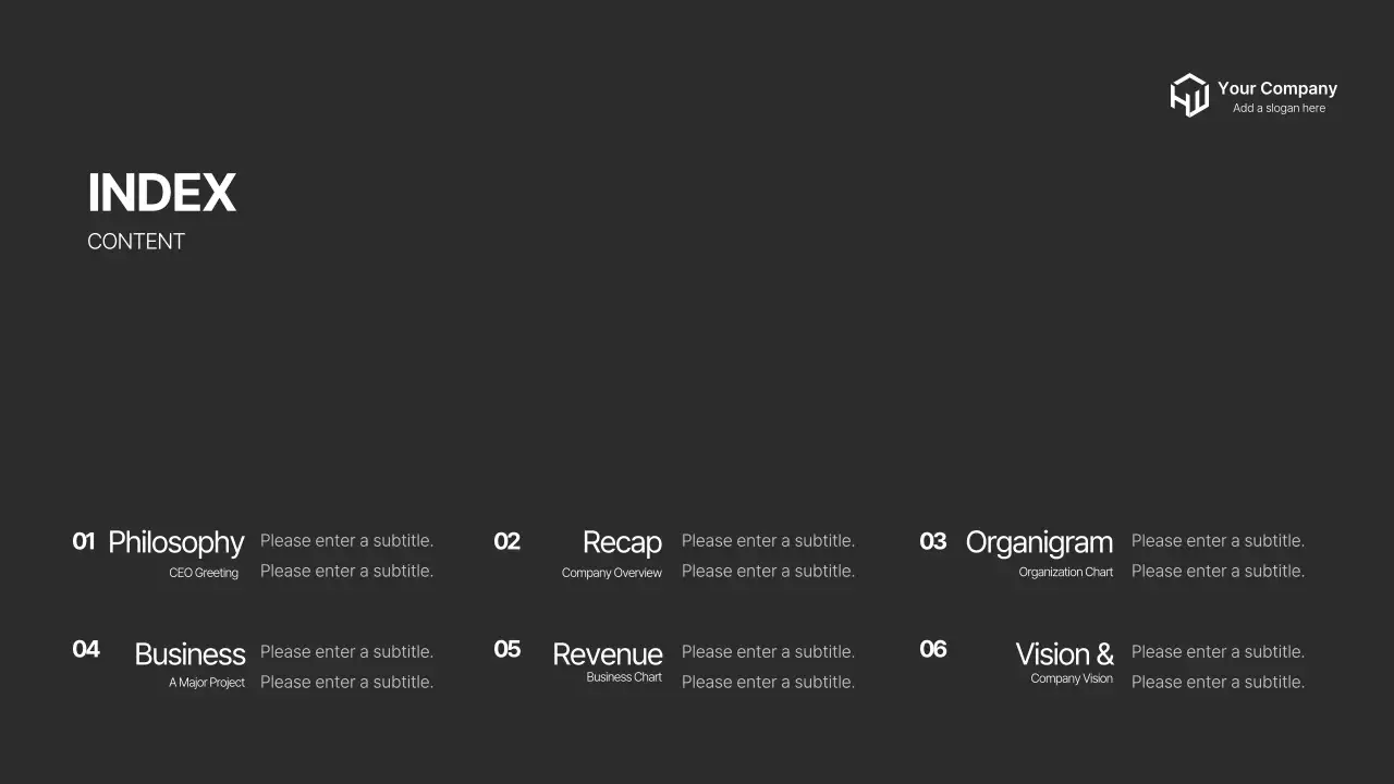 A modern company profile in black and gray