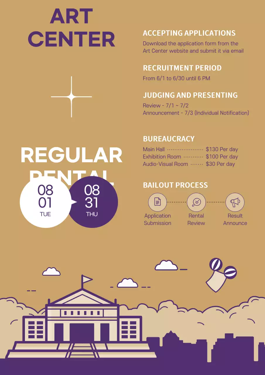 Purple-gold simple line illustration concept art gallery regular opening announcement