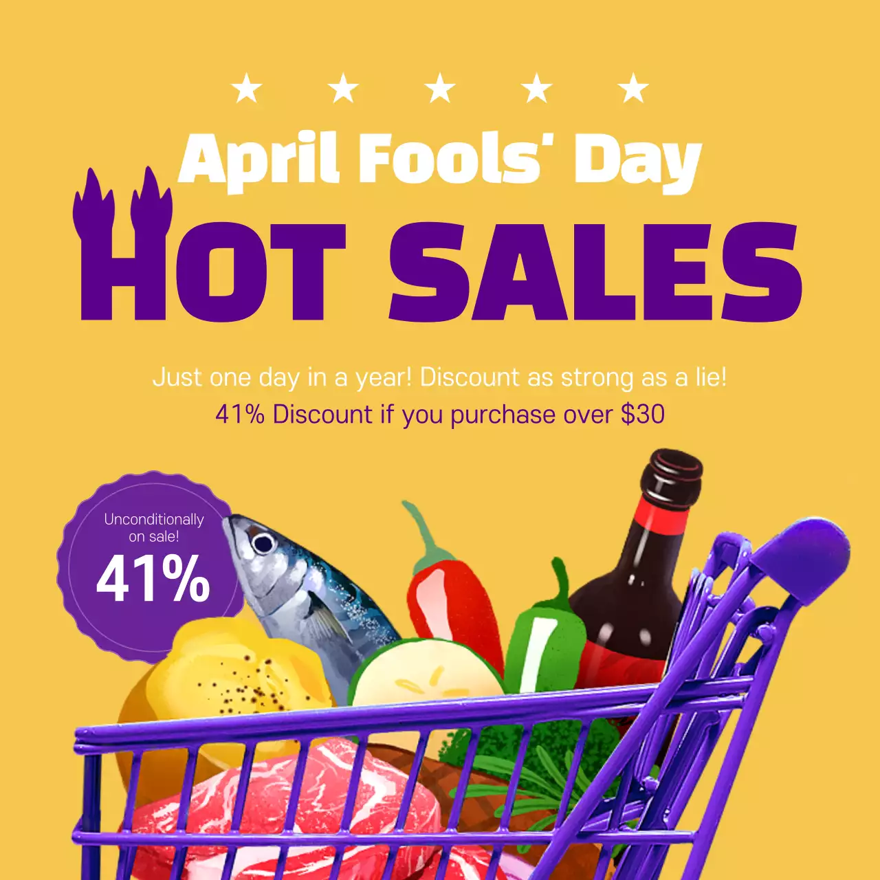 Announcing a clean April Fool's Day sale event in yellow and purple