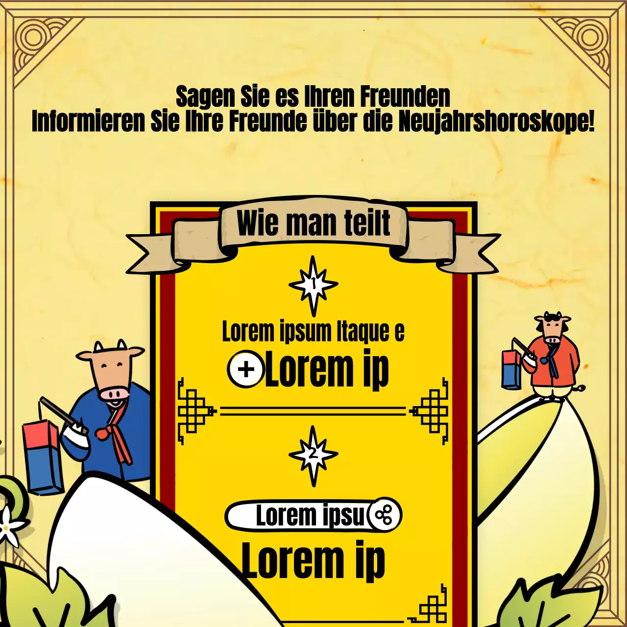 Neujahrs-Wahrsagerei mit der traditionellen gelben Kuh-Illustration