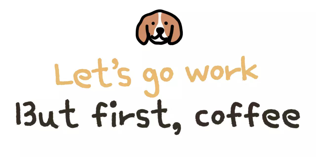Text merchandise with a cute puppy illustration with yellow and brown accents
