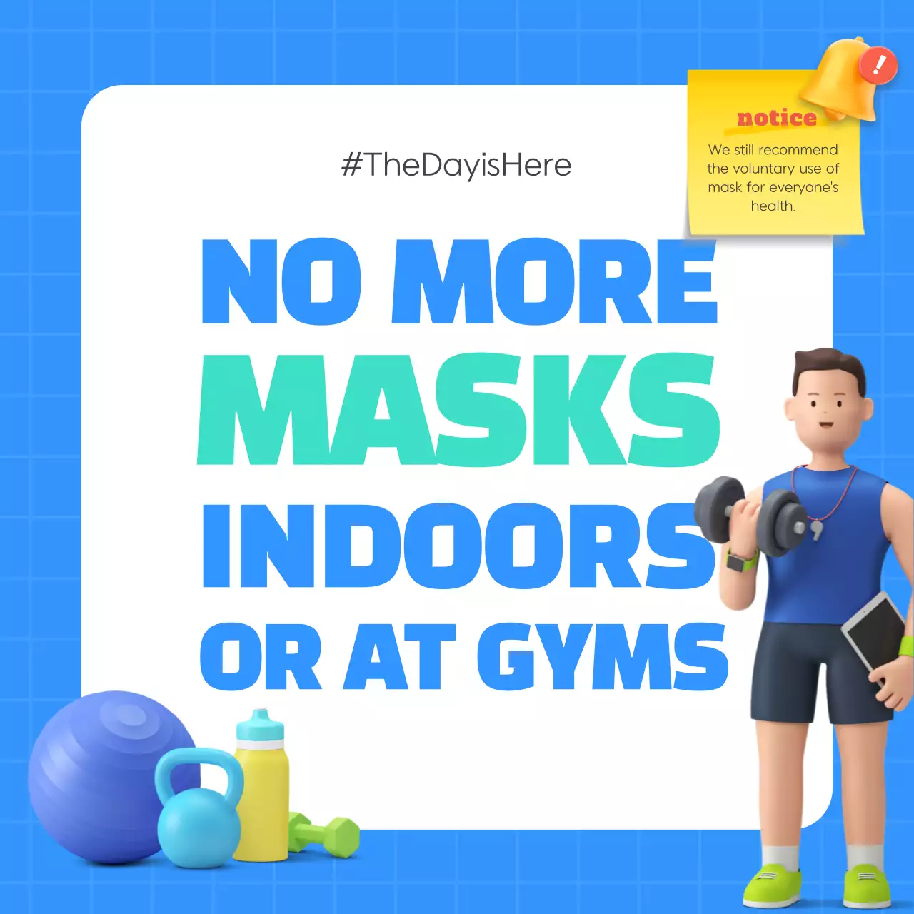 파랑색과 민트색의 헬스장 마스크 의무착용 해제 안내 테마