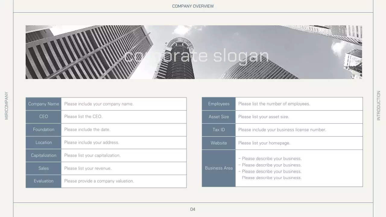 A company profile with a simple layout in beige and navy