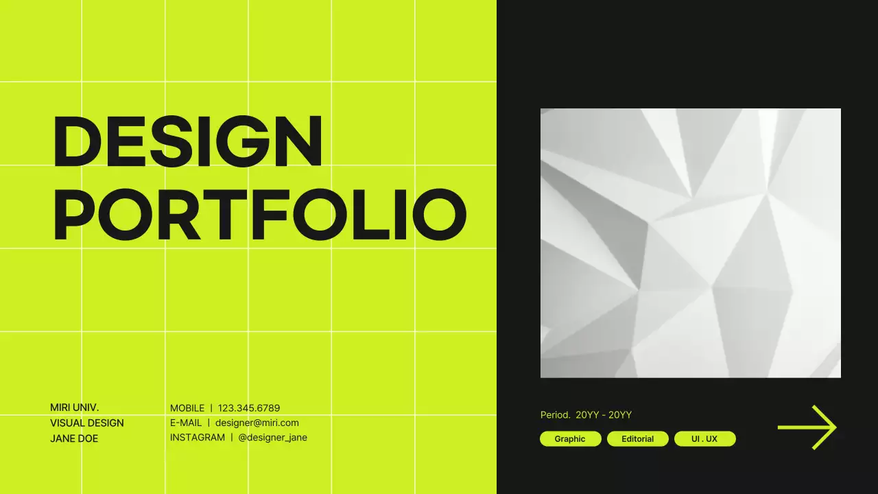 Grid concept designer portfolio in lime green and black