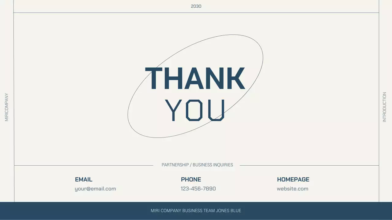 A company profile with a simple layout in beige and navy