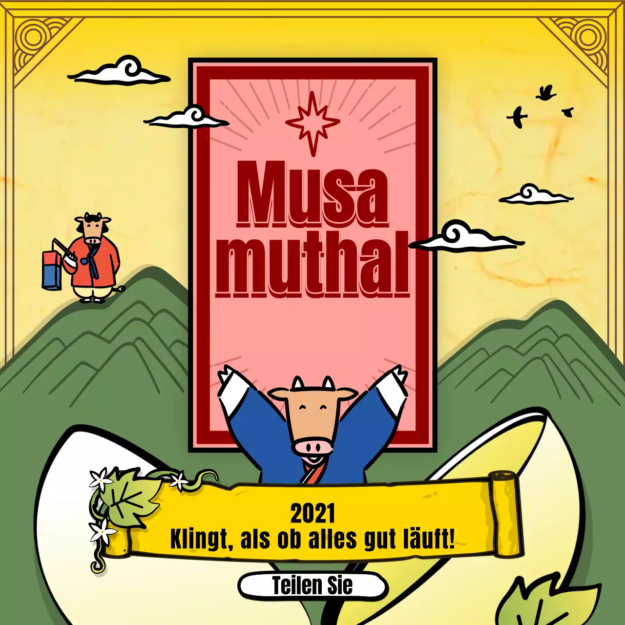 Neujahrs-Wahrsagerei mit der traditionellen gelben Kuh-Illustration