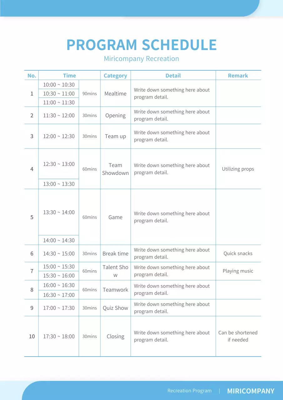 Simple recreation program event timetable document format in light blue