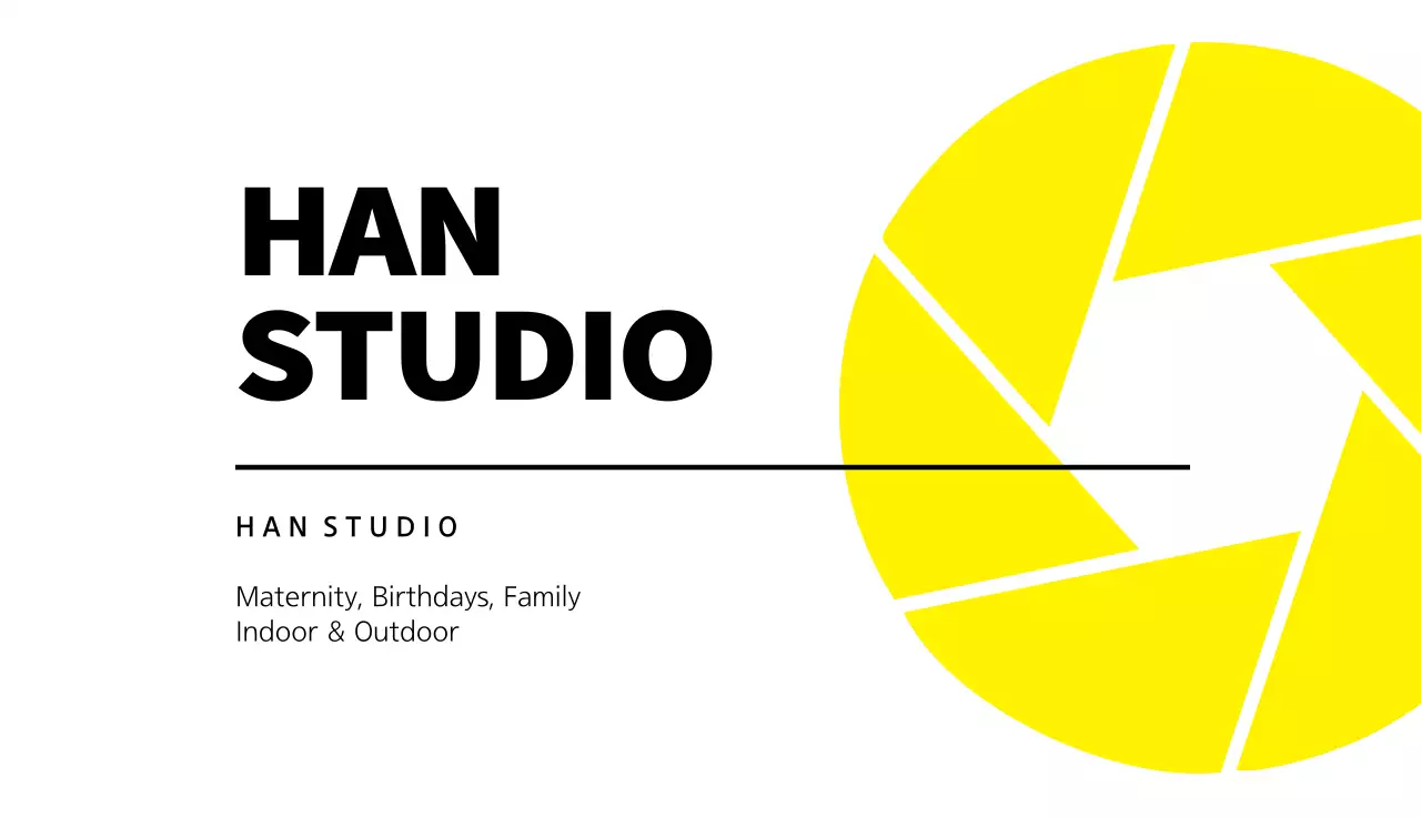 Photographer business card with yellow and white camera aperture icon