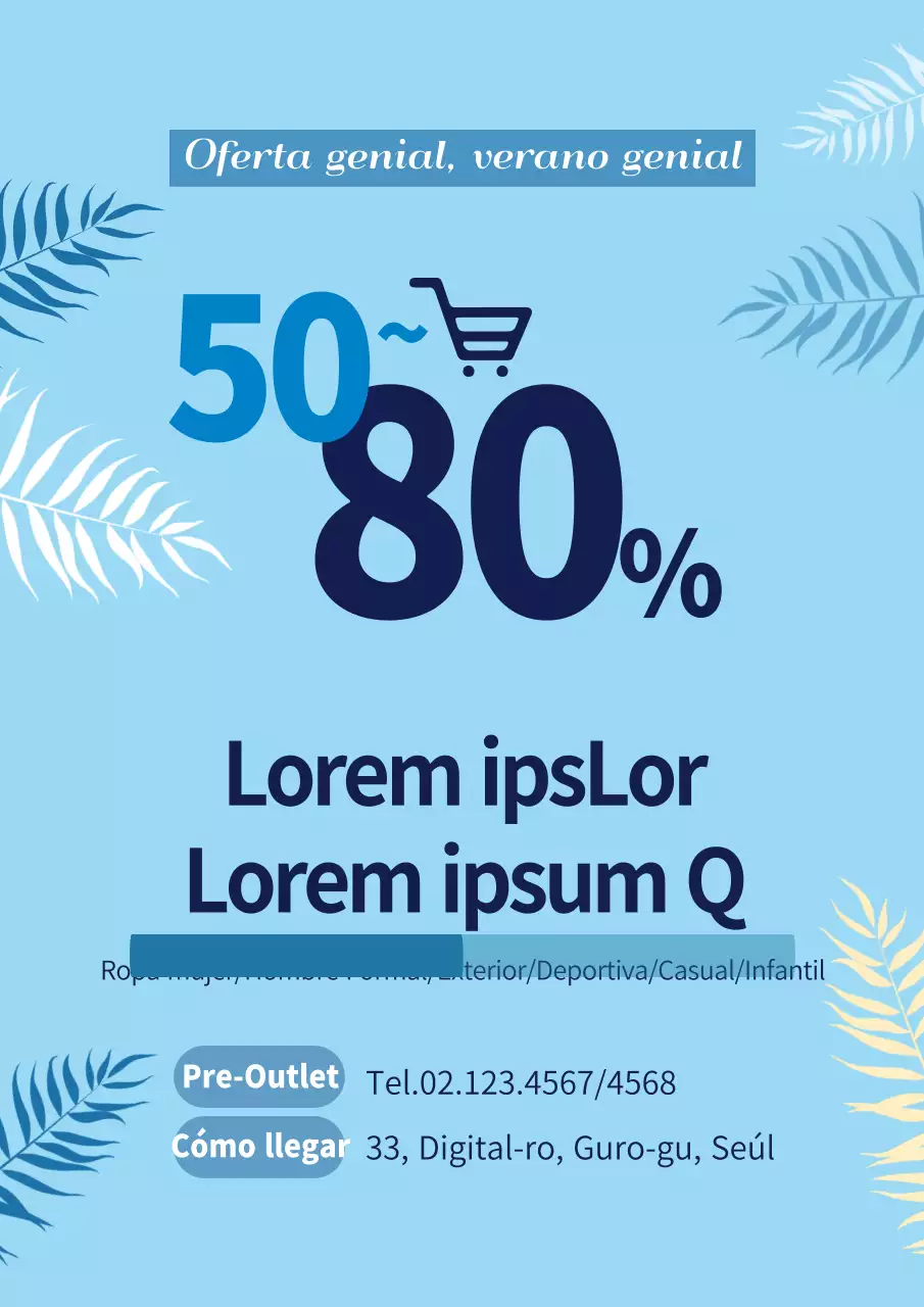 Promocione una venta de verano con una ilustración de hojas botánicas azules