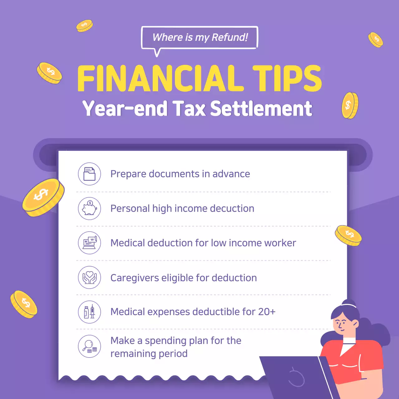 Year-end tax tips highlighted with illustrations on a purple background
