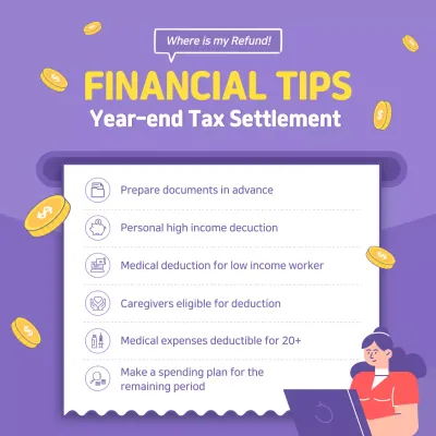 Year-end tax tips highlighted with illustrations on a purple background