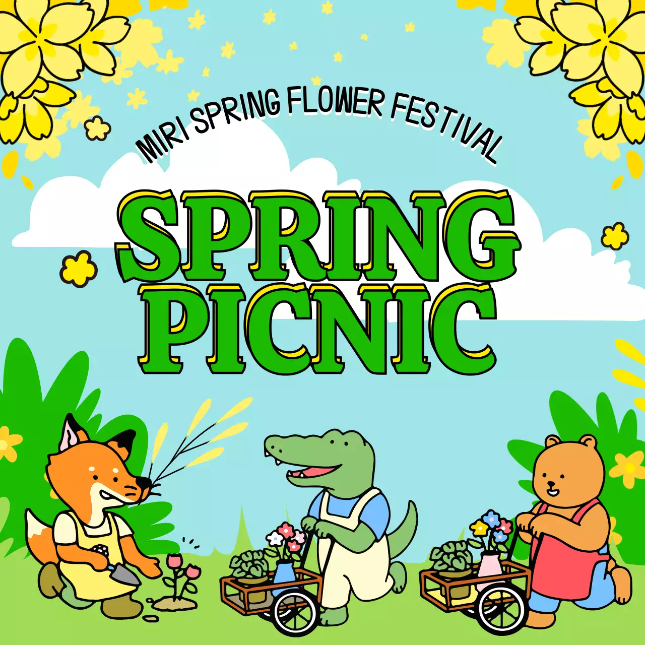 노랑색 꽃과 동물 일러스트가 있는 봄꽃 축제 홍보