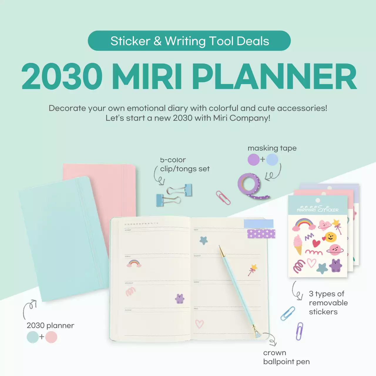 An exhibition of mint-colored diaries and writing instruments