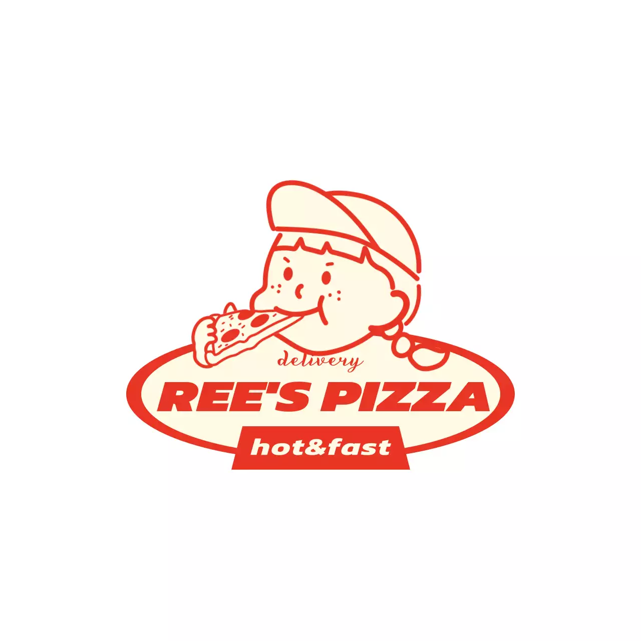Logo restoran pizza dengan ilustrasi lucu berwarna merah dan kuning