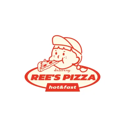 Logo restoran pizza dengan ilustrasi lucu berwarna merah dan kuning