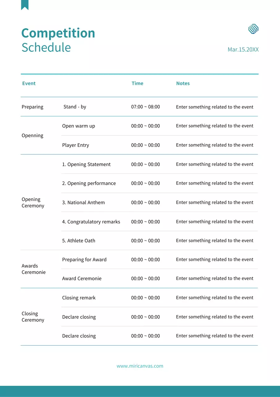 Teal Simple Competition Schedule