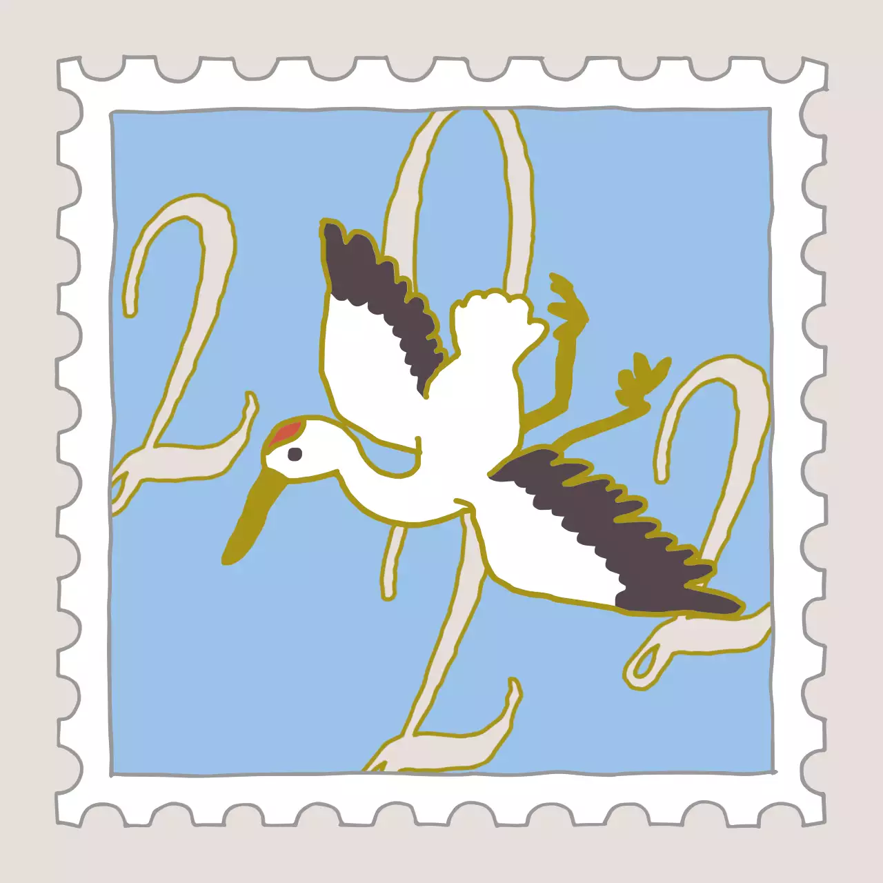 Carimbo de Ano Novo com ilustração de um grou em azul claro