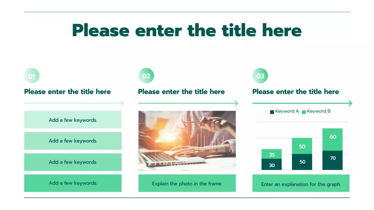 Presentation with various charts in a green gradient