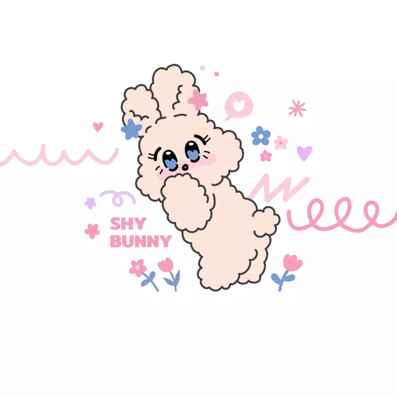 Mercadoria personalizada com várias formas e ilustrações florais em tons rosa e pastel e uma personagem de coelhinho muito gira.