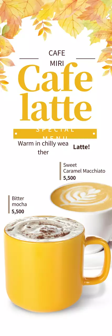 Promote a yellow-white-fall seasonal cafe menu