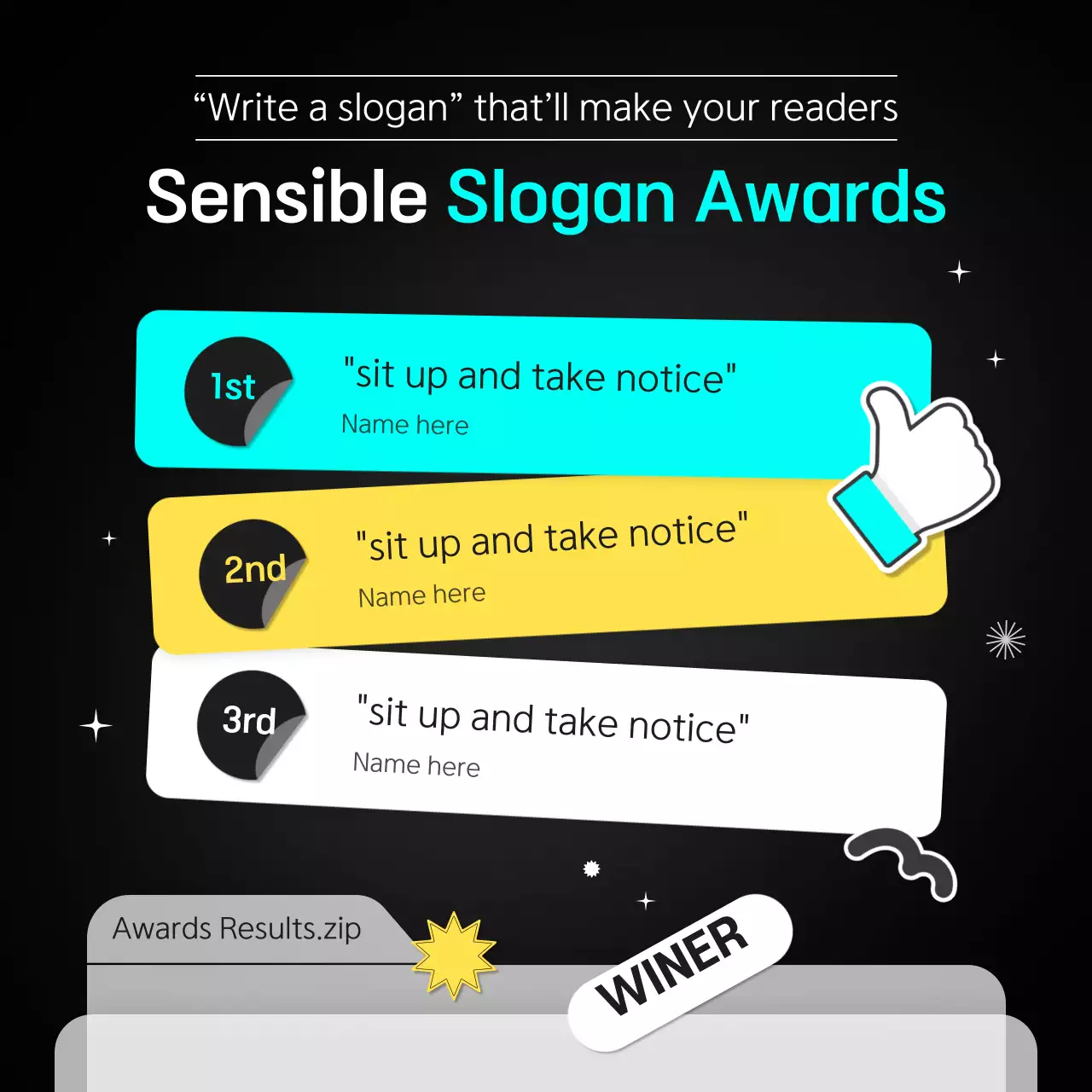 Slogan winners announced in black and white with light blue and yellow accents CardNews