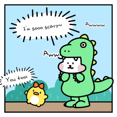 A cute puppy in a dinosaur suit with an emoji feel living in a light blue and green forest.