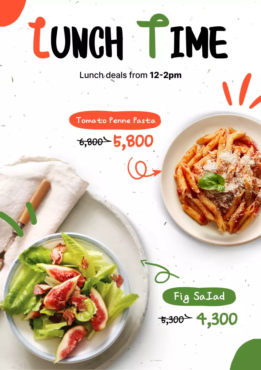 Promosikan diskon untuk menu pasta dan salad dengan warna oranye dan hijau