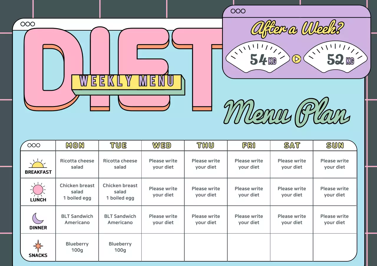 Light Blue Pink Purple Freshly colored Cute Diet Meal Planner