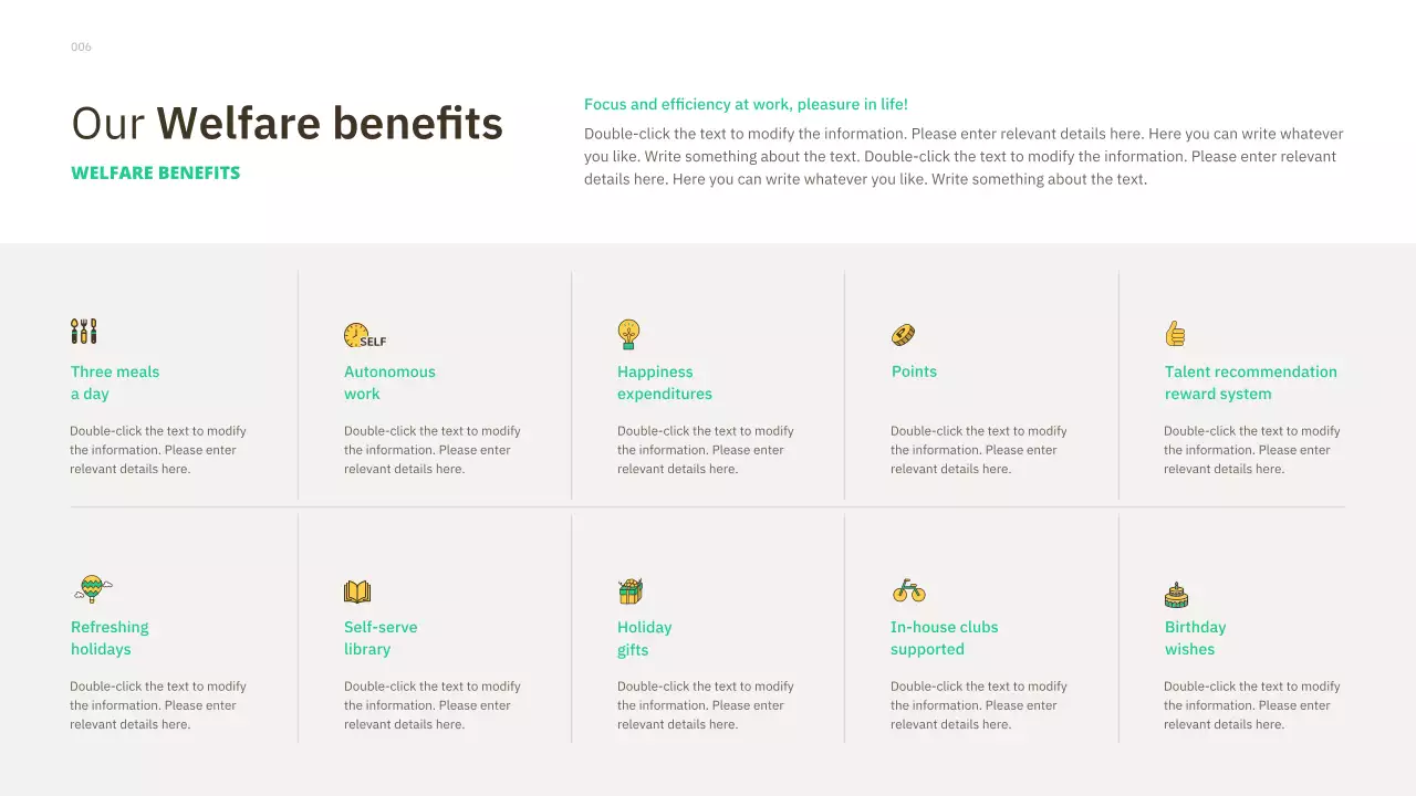 A simple, basic new hire guide with green accents