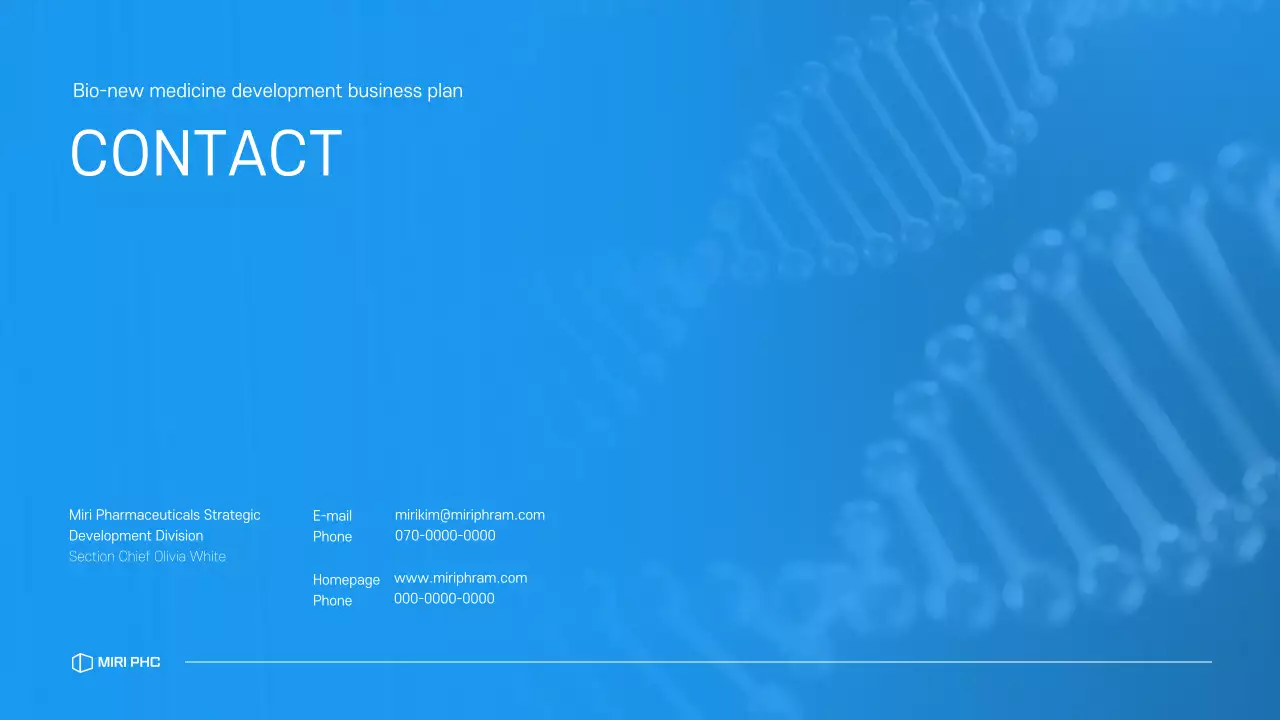A clean, blue-toned drug development business plan for a pharmaceutical company.