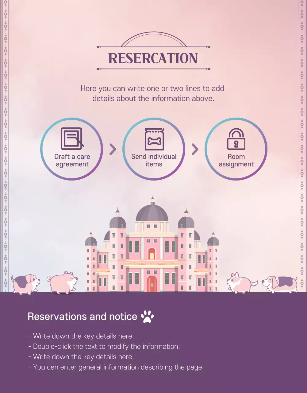 Promote a purple and pink pet hotel
