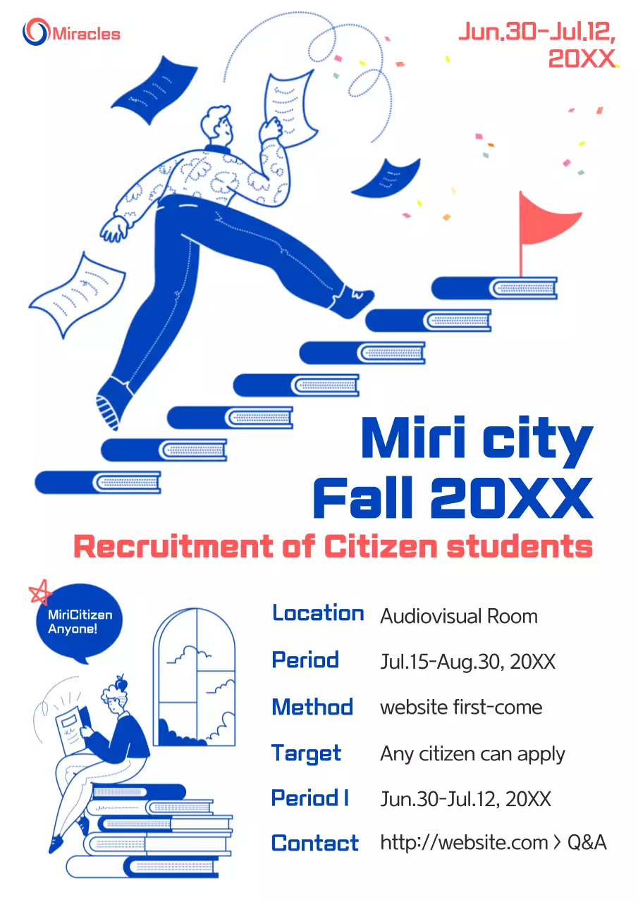 A simple white and blue civic college recruitment announcement