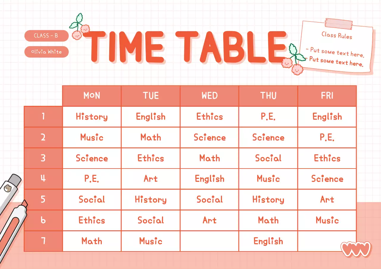 School timetable with a cute diary concept